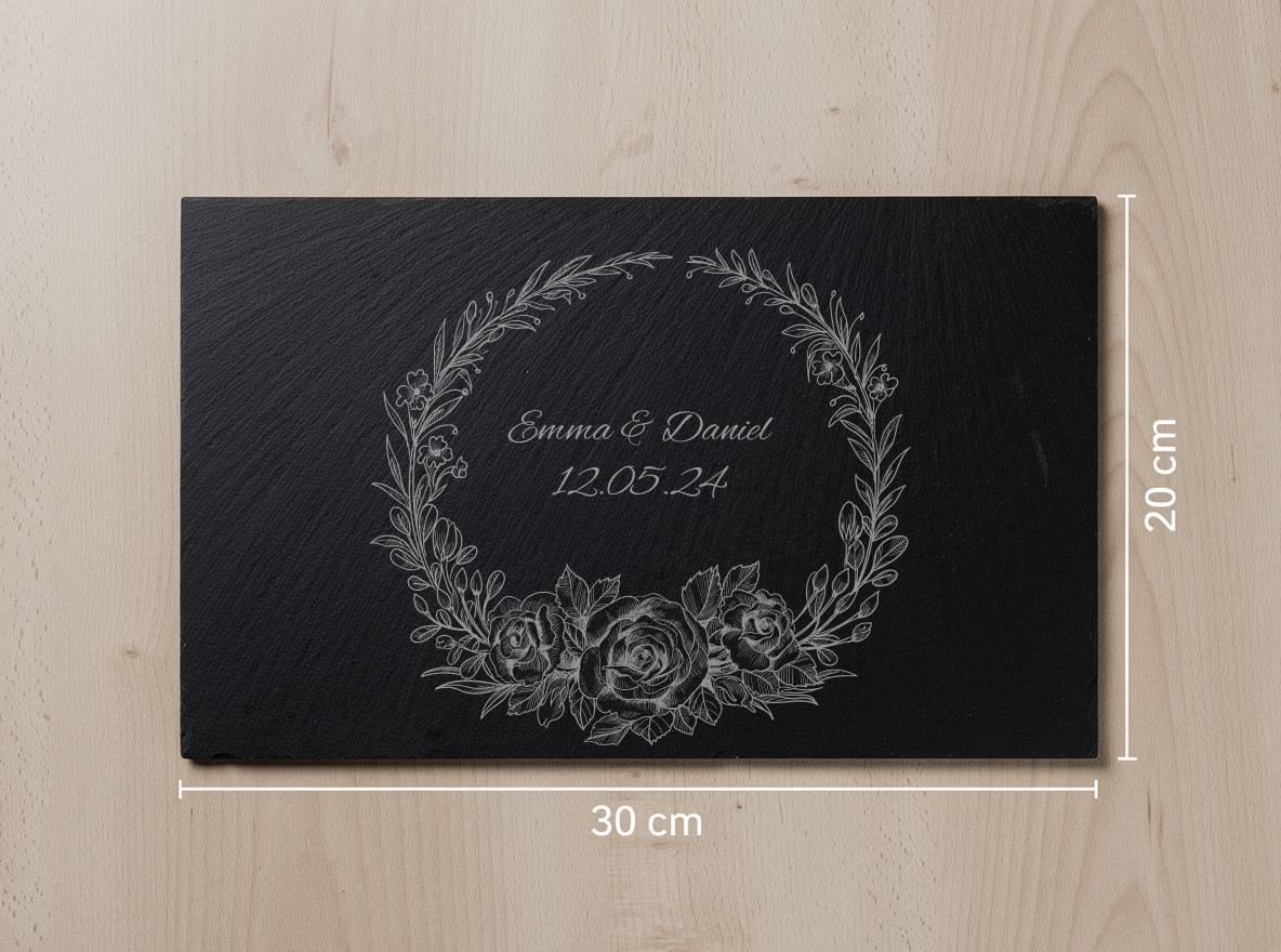 Personalised Slate Board – Floral Wreath Wedding Design – 30x20cm