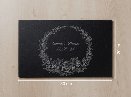 Personalised Slate Board – Floral Wreath Wedding Design – 30x20cm