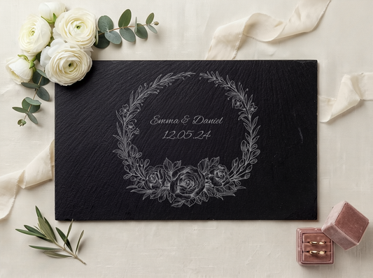Personalised Slate Board – Floral Wreath Wedding Design – 30x20cm