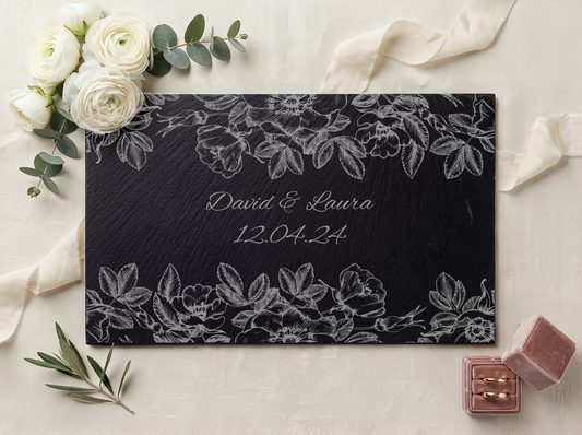 Personalised Slate Board – Floral Border Wedding Design – 30x20cm