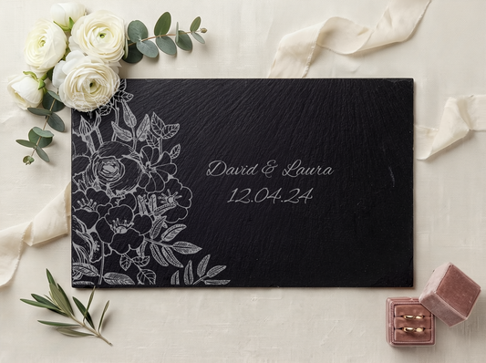 Personalised Slate Board – Floral Corner Wedding Design – 30x20cm