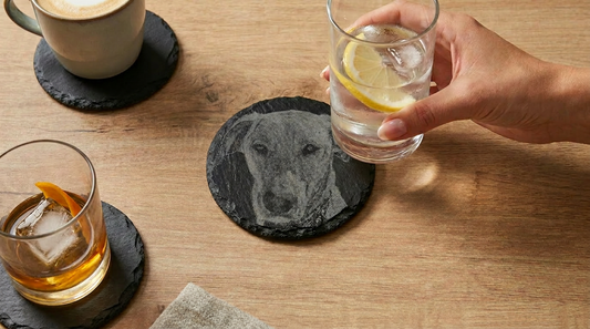 Set of 4 Personalised Slate Coasters with Your Photo - 10x10cm Natural Slate - Custom Pet or Family Photo Coasters - Engraved Gift
