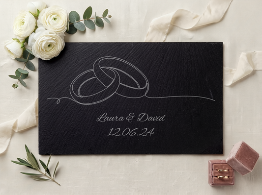 Personalised Slate Board - Elegant Wedding Rings Design – 30x20cm