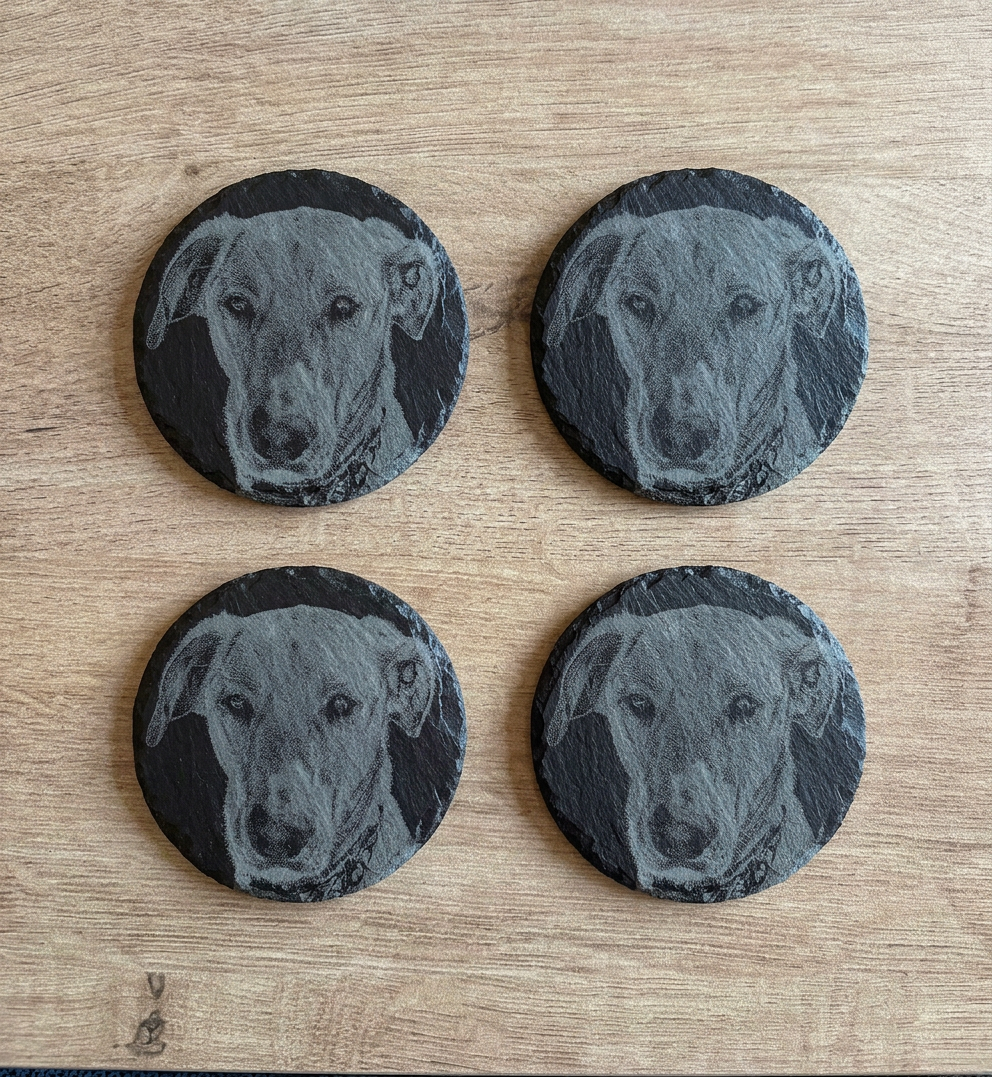 Set of 4 Personalised Slate Coasters with Your Photo - 10x10cm Natural Slate - Custom Pet or Family Photo Coasters - Engraved Gift